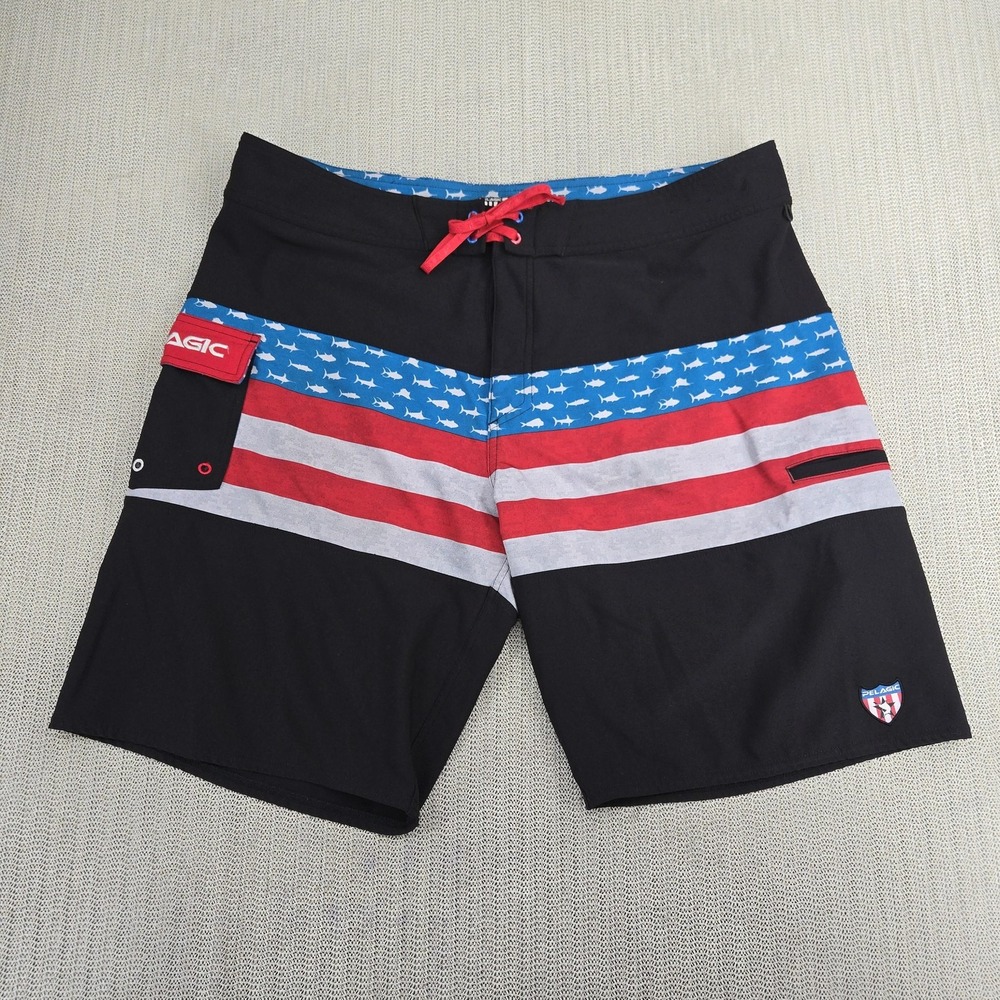 Pelagic Ridgemont Boardshorts Mens 40 Black USA Flag Shark Stripe Swim Shorts